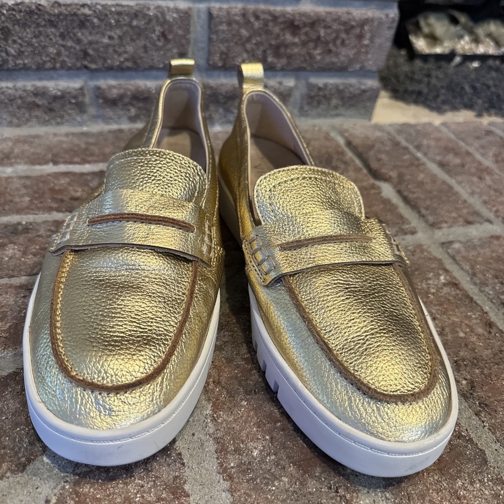 Vionic Chantel Shoes Womens Size 7.5 Gold Leather Loafers Slip On Platform #485